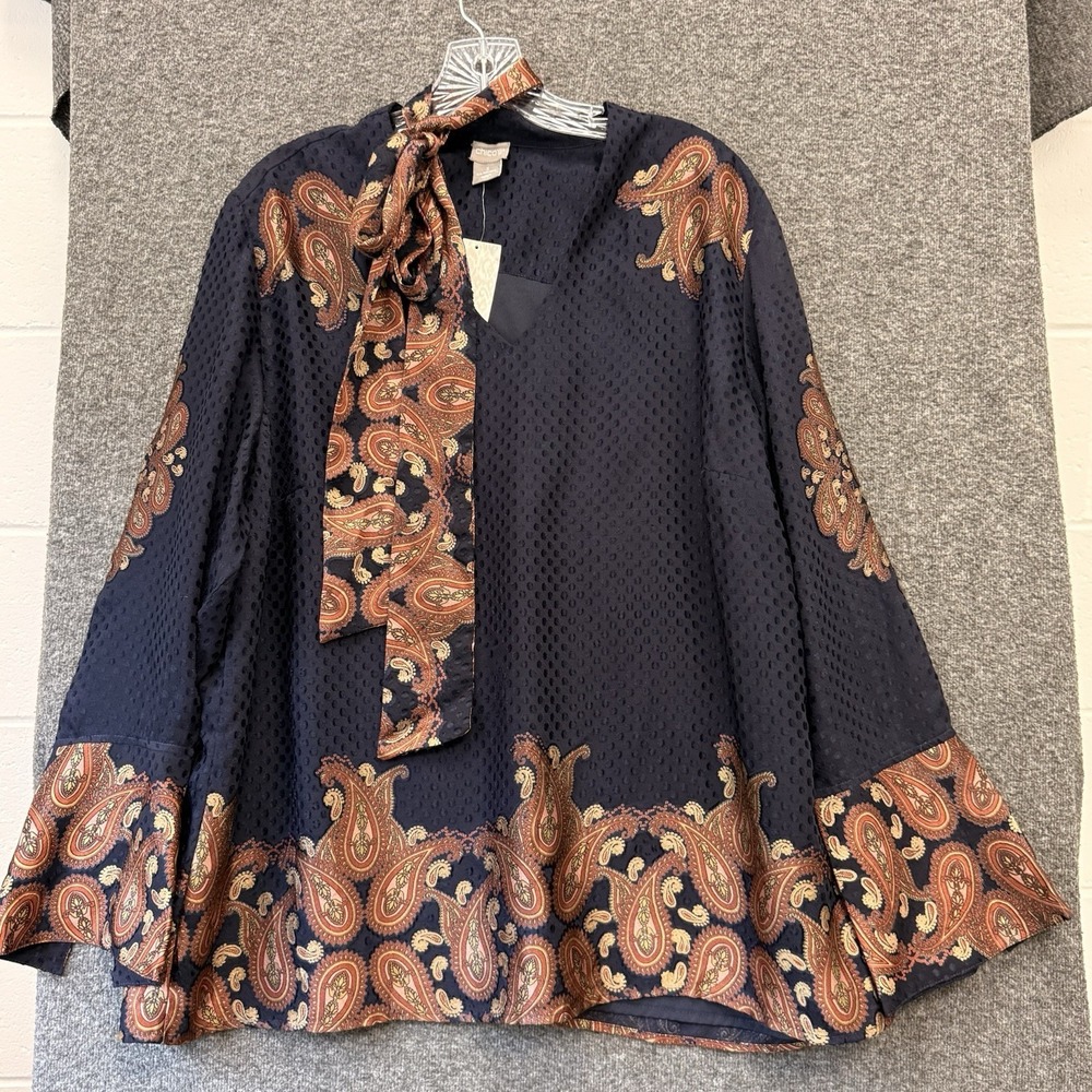 Chico's Navy Paisley Boho Blouse Sheer Swiss Dot Bell Sleeve Tunic Sz 3 NWT